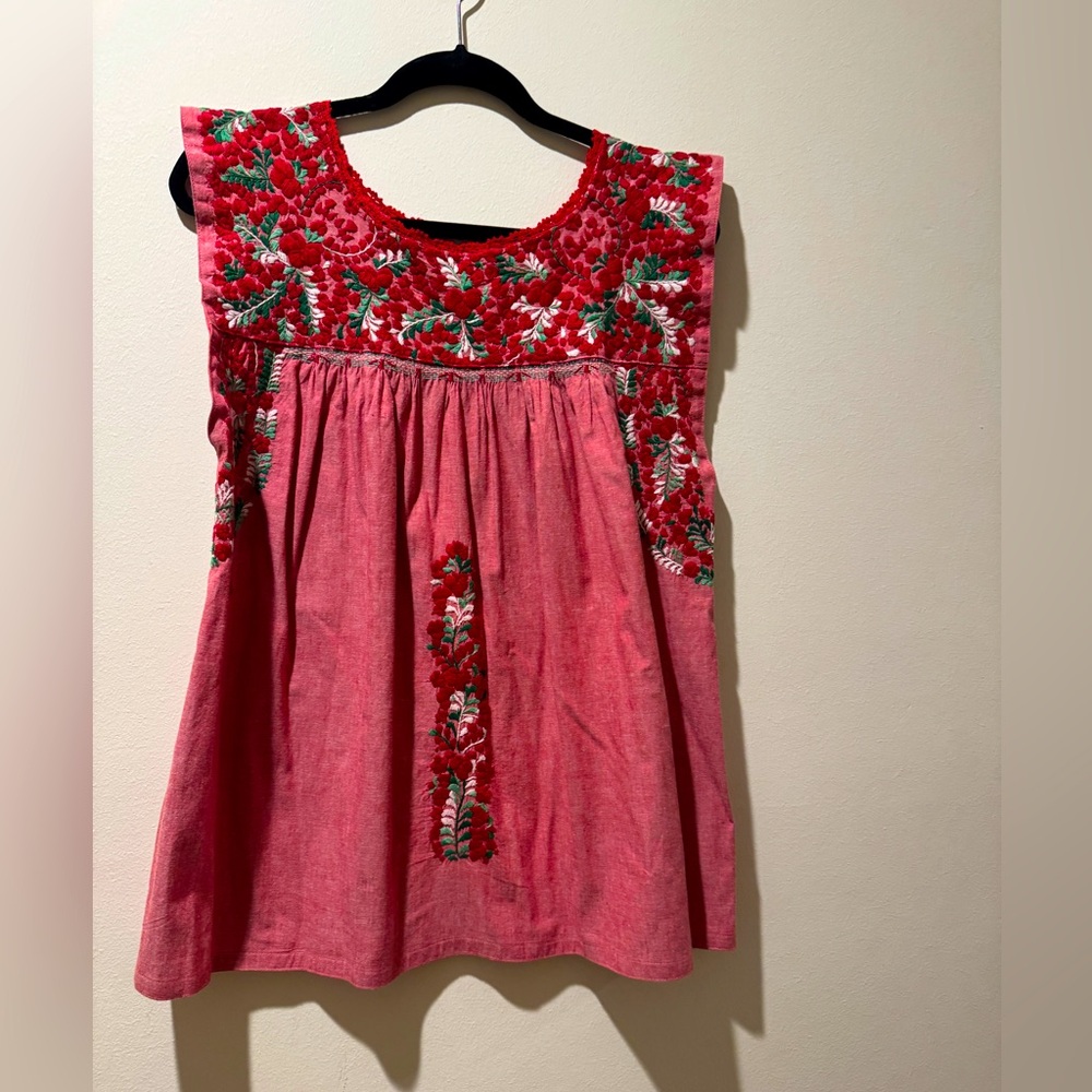 Mi Golondrina red chambray top with green &red embroidery, size large.